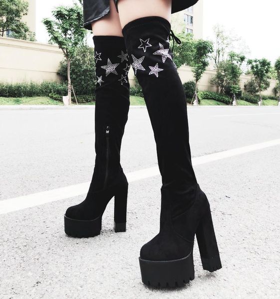 

boots over-the-knee long fashion square heel high tube stovepipe autumn winter 14 cm womens, Black