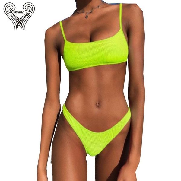 

neon yellow ribbed bikini swimsuit for women thong bathing suit scoop ne swim suits with v bottom trajes de bano para mujer