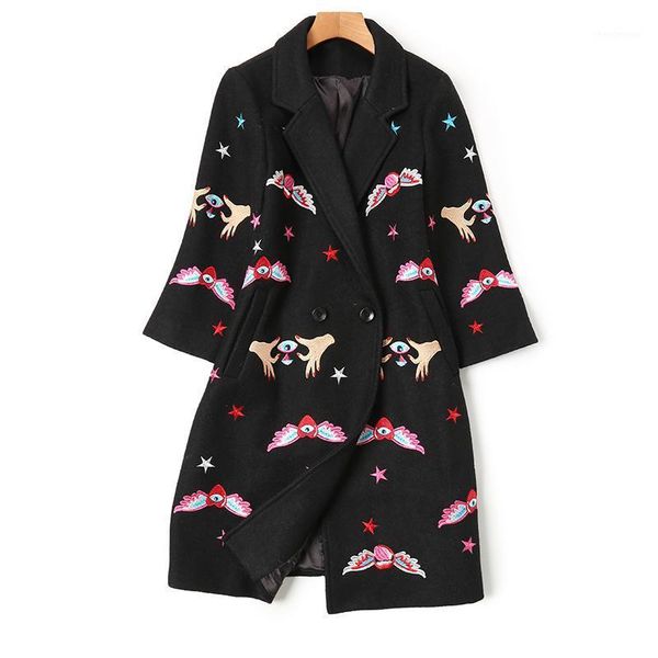 

winter fashion heavy industry embroidered overcoat women's wool & blends, Black