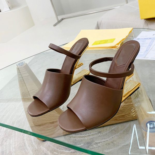 

f sculpted brown high-heeled slippers metallic high heels open toes slip-on slides calfskin leather outsole sandals for women luxury, Black