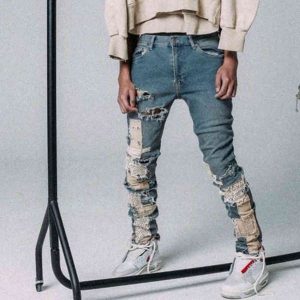 

jeans washed blue slim lace jeans deconstructed patchwork jogger men streetwear