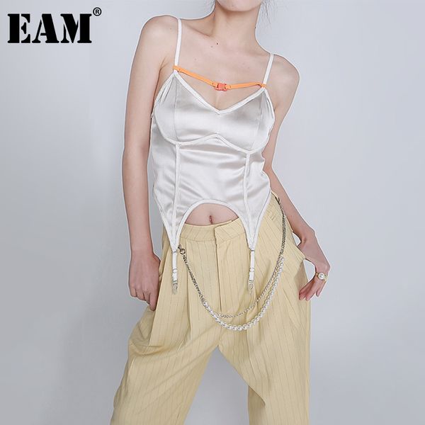 

[eam] women white irregular round hem tank v-collar sleeveless personality fashion spring summer 1dd6012 210512