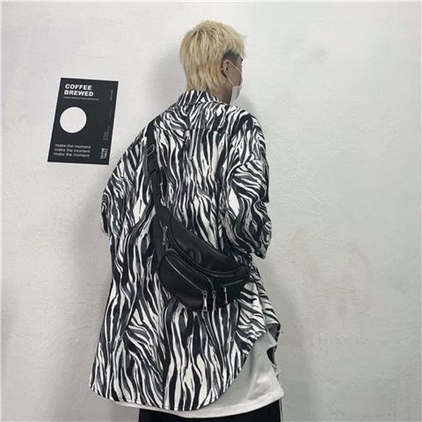 

men's casual shirts shirt man woman autumn street long-sleeved trendy mid-length full printing coats loose oversize men clothes, White;black