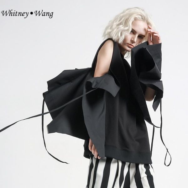 

women's blouses & shirts whitney wang 2021 summer fashion streetwear hollow out shoudler split ruffles sleeve blouse women blusas shirt, White