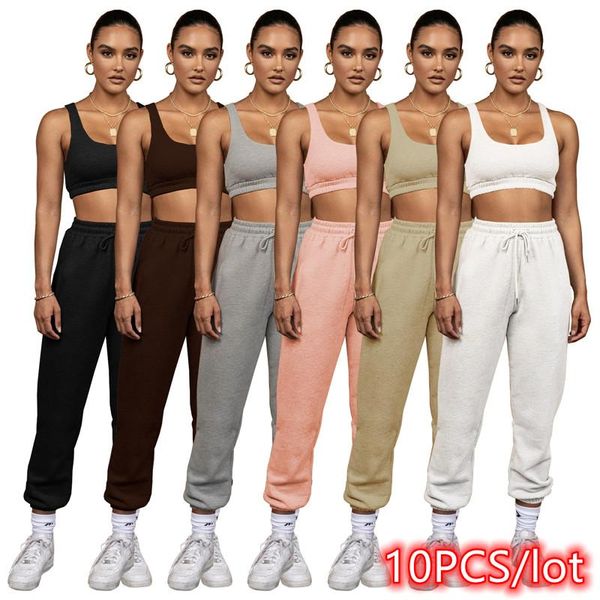 

women's two piece pants 2021 women solid color double-layer crop vest and trousers set sports fitness tracksuit matching sets female, White