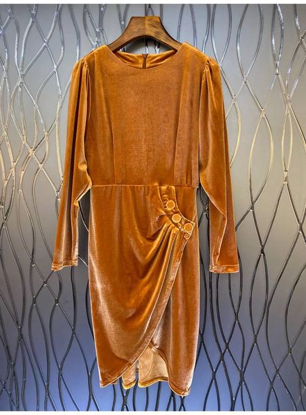 

casual dresses 100%velvet dress 2021 autumn winter style women o-neck vintage button deco long sleeve split bodycon brown black red, Black;gray