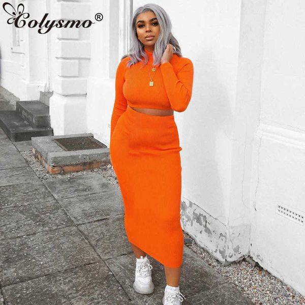 

colysmo neon ribbed knitted 2 piece set women turtleneck long sleeve crop midi skirt club outfits festival clothing 210527, White