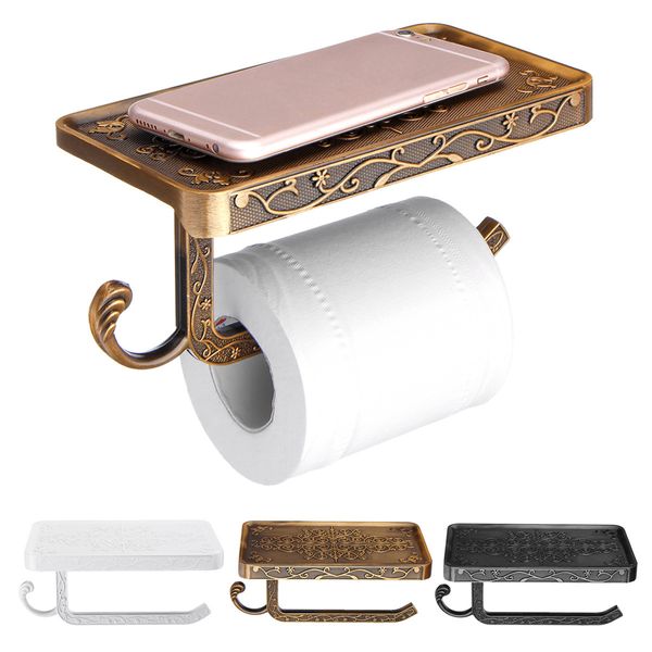Antike geschnitzte Zinklegierung Badezimmerpapier Handyhalter mit Regal Badezimmer Handtuchhalter Toilettenpapierhalter Taschentuchboxen 210320