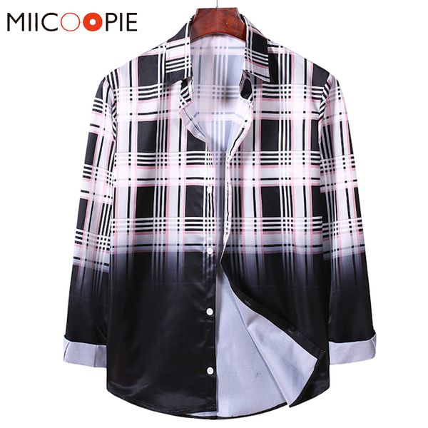 

plaid dress shirt men women hip hop streetwear gradient color printed long sleeve shirts 2020 loose spring autumn blouse, White;black