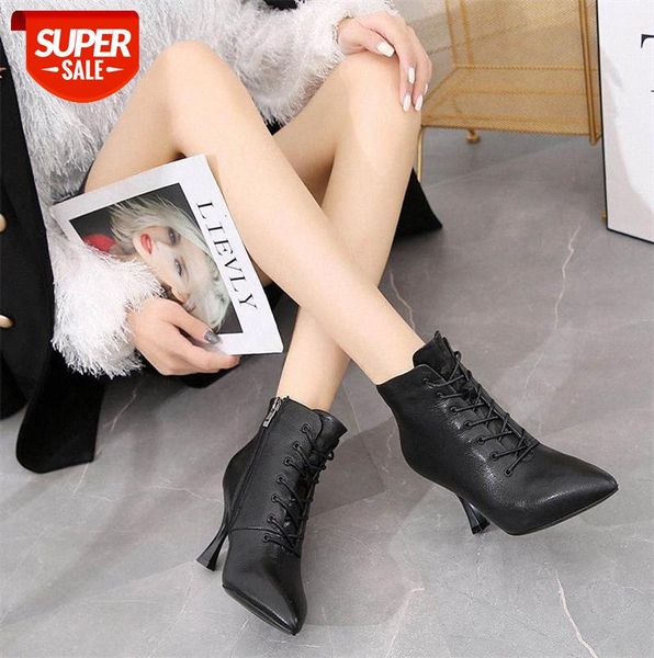 

the first layer of cowhide plus velvet warm leather fashion boots, pointed toe low-tube women's heightened black high-heeled boots #xi8