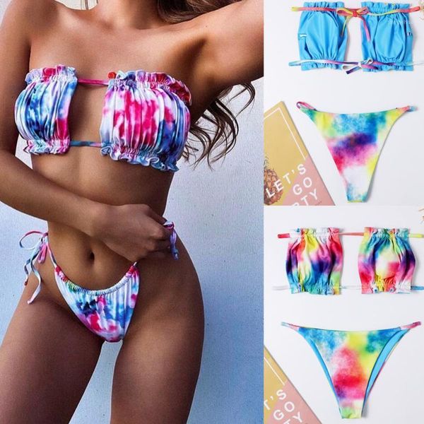 

fashion tie-dyed print bikinis set fold bikini split bathing suit high waist 2021 pleated bandeau swimsuit#g40 women's swimwear, White;black
