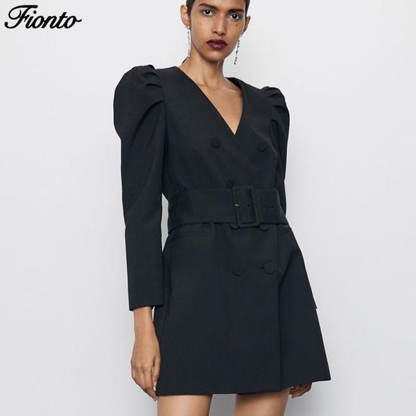 

casual dresses fionto black blazer dress women fashion tie belt waist elegant double breasted jackets female ladies party, Black;gray