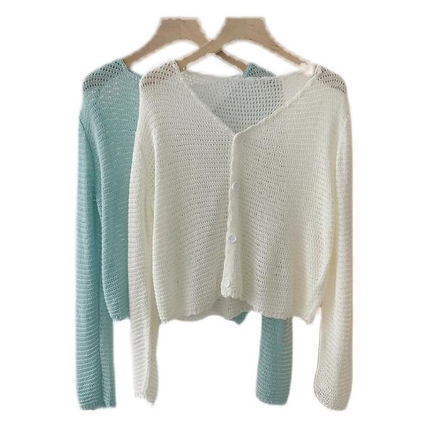 

women's knits & tees summer knitted cardigan 2021 korean thin long sleeve shirts female v-neck all-match loose beach sweet casual, White