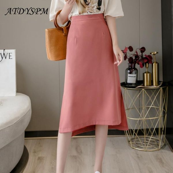 

korean fashion summer women skirts high waist split a-line midi skirt elegant black pink purple all-match casual womens
