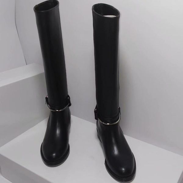 

boots winter round toe pure color metal decoration slip on flats fashionable prom women shoes, Black