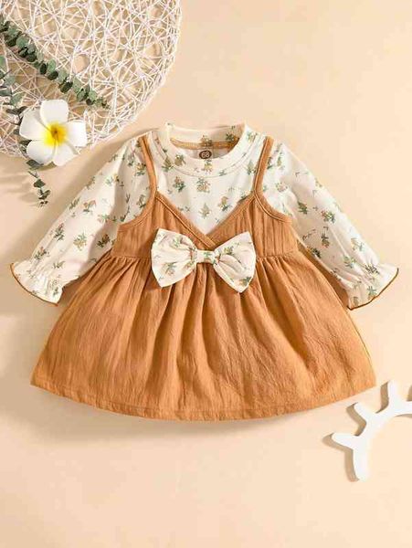 

baby floral print flounce sleeve bow 2 in 1 dress she, Red;yellow