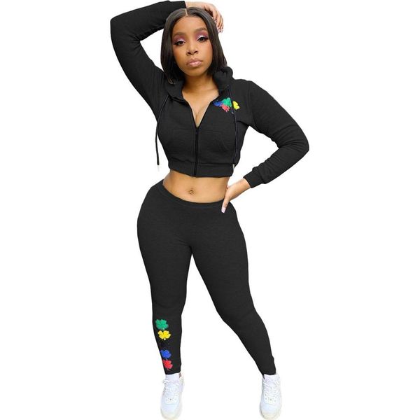 

cotton sport clover floral print women two piece set hooded jackets skinny sweatpants jogger pants suit tracksuit matching sets 210525, White