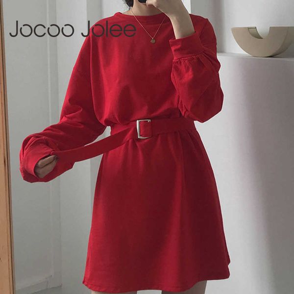

jocoo jolee women long sleeve dress women autumn korean style dress ladies solid color loose t shirt dress with belt streetwear 210619, Black;gray