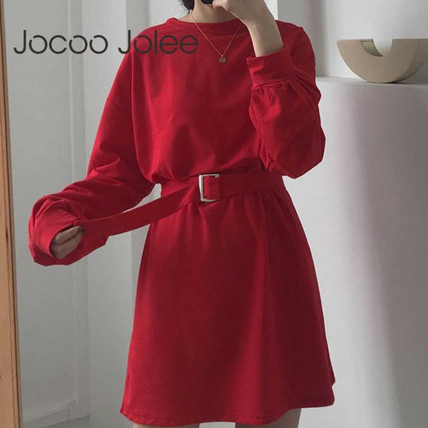 Jogoo Janee Mulheres Manga Longa Dress Mulheres Outono Estilo Coreano Vestido Senhoras Color Sólida Camiseta Vestido com Cinto Streetwear 210619