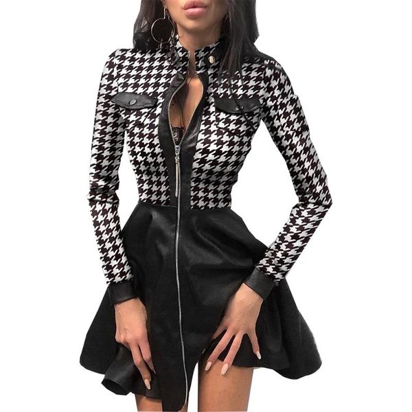 Winter Herbst PU Leder Kleid Frauen Plaid Patchwork Mini Party Sexy Kleid Damen Stehen Neck A-Line Zipper Kleider Vestido 210521