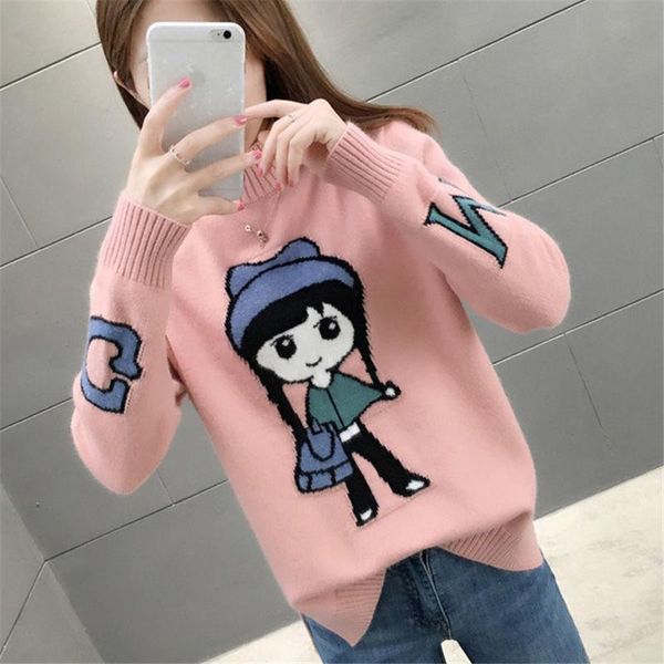 

women's sweaters women sweater winter cartoon half high collar soft thicken casual korean knitting pullover warm 029, White;black