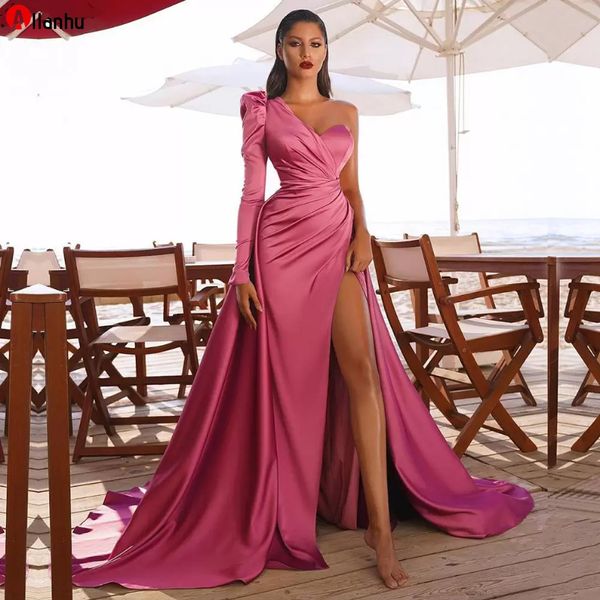 Rose Rosa Falte Satin Sexy One-Shoulder-Abendkleider A-Linie High Split echtes Bild für Frauen Party Nacht Promi-Abschlussball-Kleider WJY591