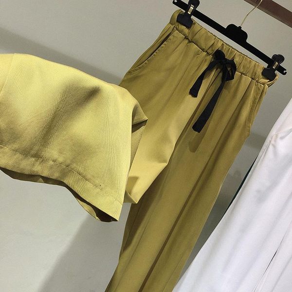 

women's pants & capris yellow loose wide leg for girls spring lace up drawstring elastic high waist casual thin sport korean woman trou, Black;white