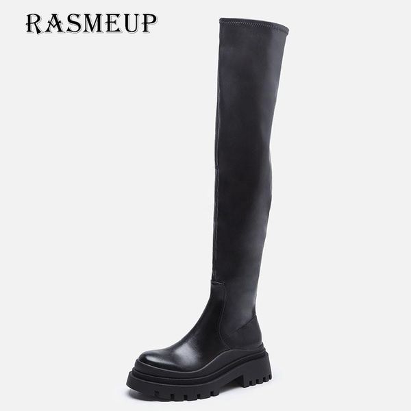 

boots rasmeup 2021 brand female platform thigh high fashion slim chunky heels over the knee women party shoes woman, Black