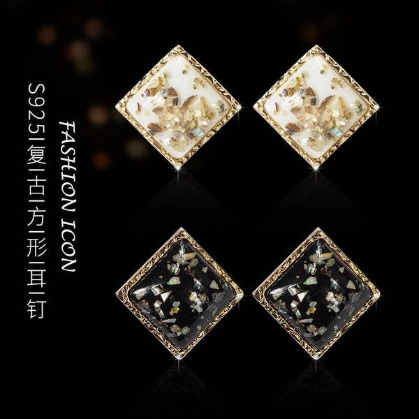 

stud retro personality square broken shell ear studs silver needle simple female models slim european american style charm earrings, Golden;silver