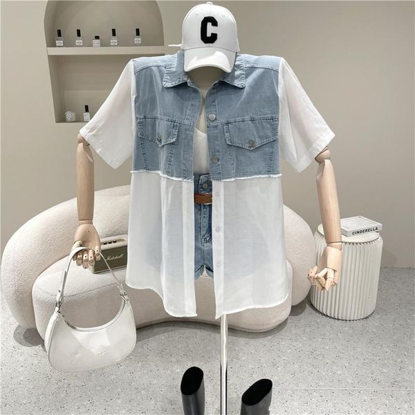 

women's blouses & shirts niche design clothing summer 2021 fashion long sleeve stitched denim shirt mid length contrast loose top, White