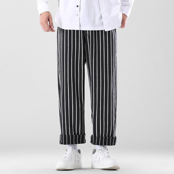 

men's jeans 2021 autumn striped denim wide-leg pants korean style fashion elastic waist baggy male brand clothes, Blue