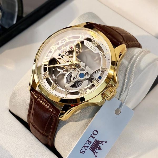

wristwatches men mechanical watch hollow movement automatic wristwatch waterproof fashion skeleton watches reloj hombre, Slivery;brown