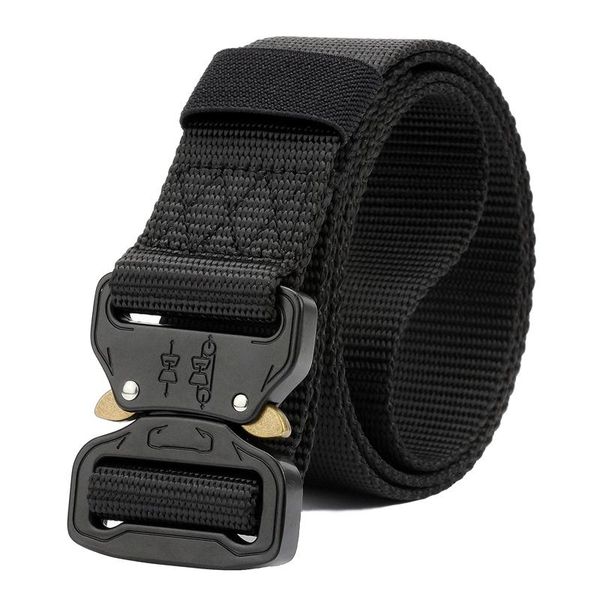 

waist support 145cm men army belt tactical outdoor nylon band automatic quick unlock metal buckles military duty training belts, Black;gray