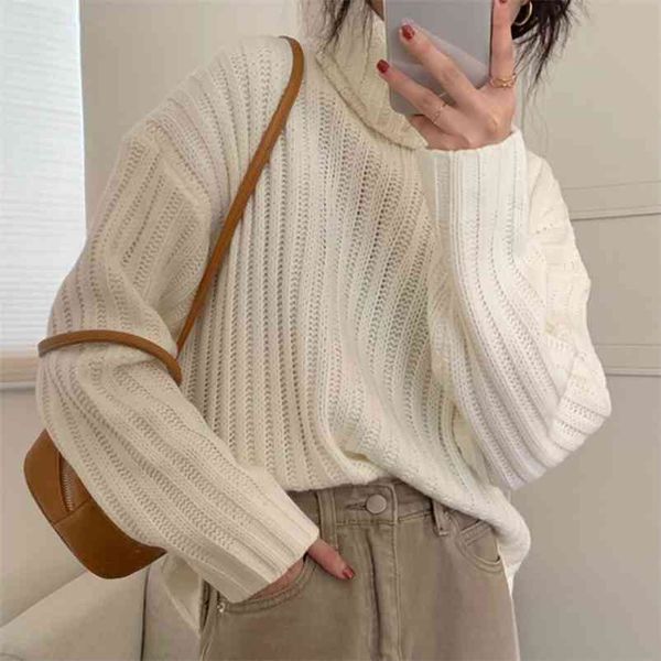 

casual solid knitwear loose warm turtleneck pullover vintage knitted jumpers long sleeve female women sweaters 210430, White;black