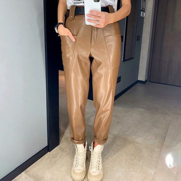 

women's tracksuits radish pants pu patchwork big pocket no belt trouser female rock spring summer streetwear casual ladies bottoms, Gray