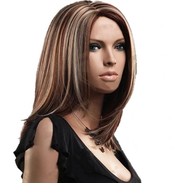 

middle part brown medium length mixed blond hair wig for women, Black