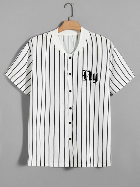 

romwe guys letter striped button front baseball collar shirt t7il#, White;black