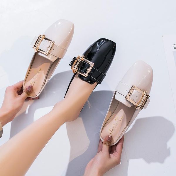 

slippers spring women's outside fashion metal buckle pure gloss soft comfortable low heel 1cm trendy casual wild sandals u30-44, Black