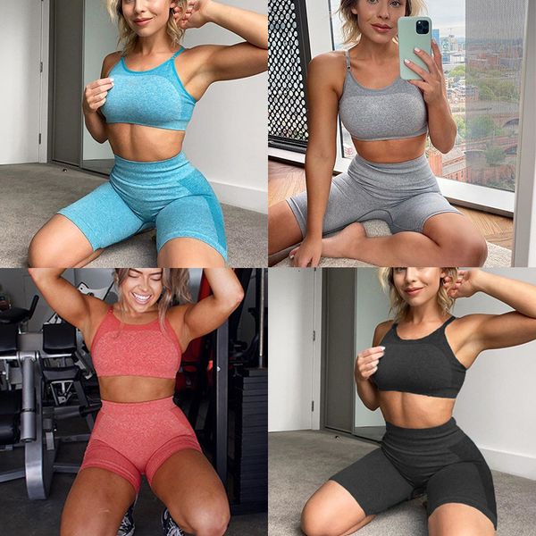 

2021 seamless yoga suit breathable hip lifting high waist shorts sports bra, Gray