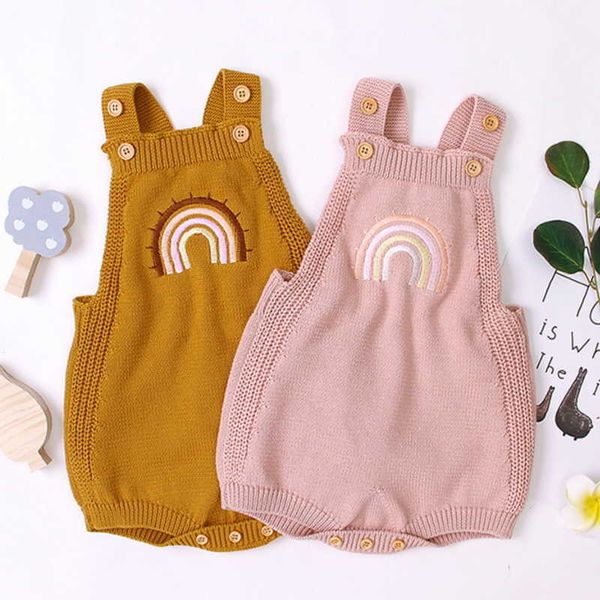 Venda Por Atacado Primavera Bebê Meninos Meninas Bodysuit Sweater Soild Color Rainbow Roupas Born Roupas Crianças Romper E570 210610