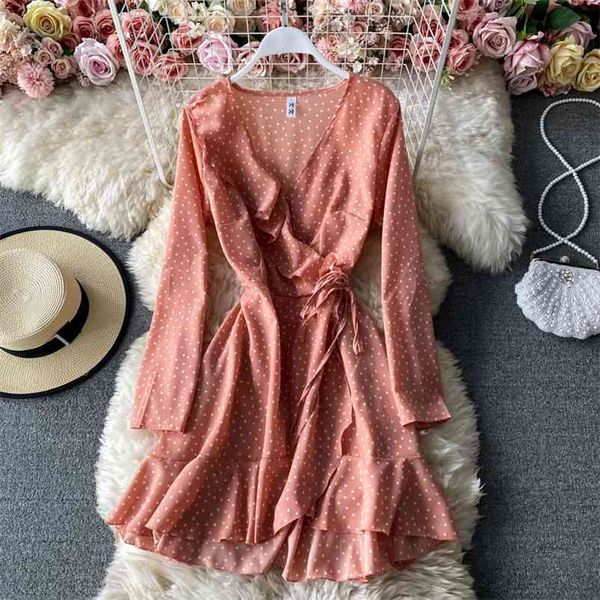 

spring autumn gentle style dress temperament v-neck tie waist slimming ruffled chiffon floral dresses for women c081 210507, Black;gray