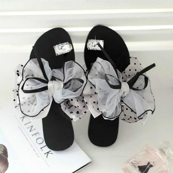 

slippers summer women's fashion rhinestone sleeve toe sweet bow flat non-slip soft skin-friendly platform shoes u30-30, Black