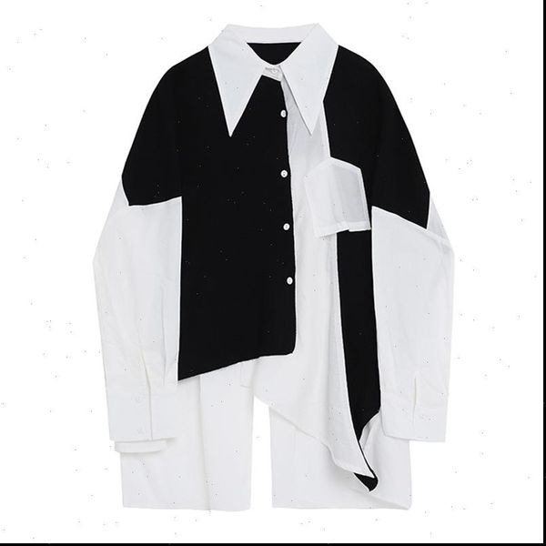 

black white back big size womens shirt fall lapel long sleeve loose fit fashion tide spring autumn clothes