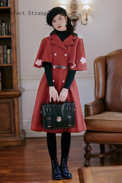 

women's wool & blends 2021 autumn winter arrival mandarin collar short sleeve batwing women long dress, Black