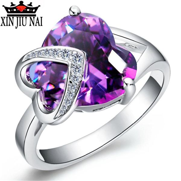 

cluster rings 2color fashion vintage large sizes heart purple/blue crystal for women girl dresses ring female party lover/girlfriend, Golden;silver