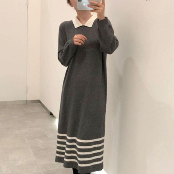 

casual dresses women knitted sweater dress stripe casua autumn winter warm knit female loose midi vestidos, Black;gray
