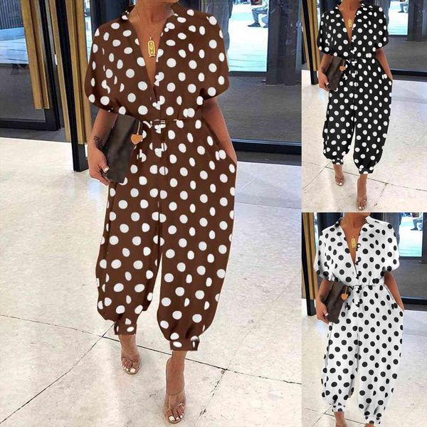 

45 wave point lapel women rompers long button oversized bodysuits dot print pants slim romper, Black;white