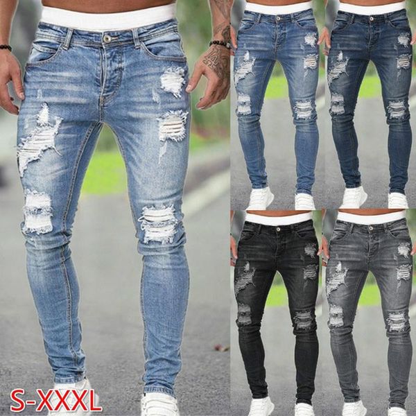 

men's jeans men regular fit hole jean pants spring autumn streetwear mens casual denim ripped skinny trousers slim biker outwear, Blue