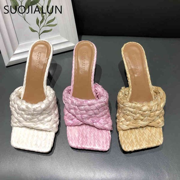 

sandals suojialun fashion brand weave women slipper summer ladies slides square open toe high heel mules slip on sandal shoes vgmk, Black
