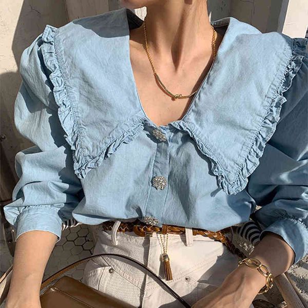 

women vintage blue ruffles blouse lapel long puff sleeve loose shirt fashion casual spring summer 16f0705 210510, White